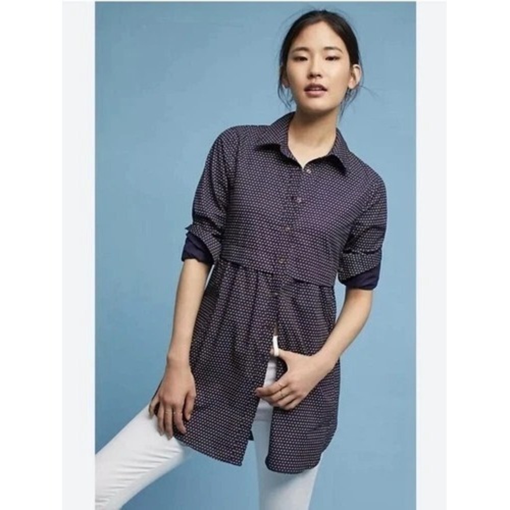 Maeve Anthropologie Navy Blue Polka Dot Long Sleeve Button Aled Tunic Top Sz XS